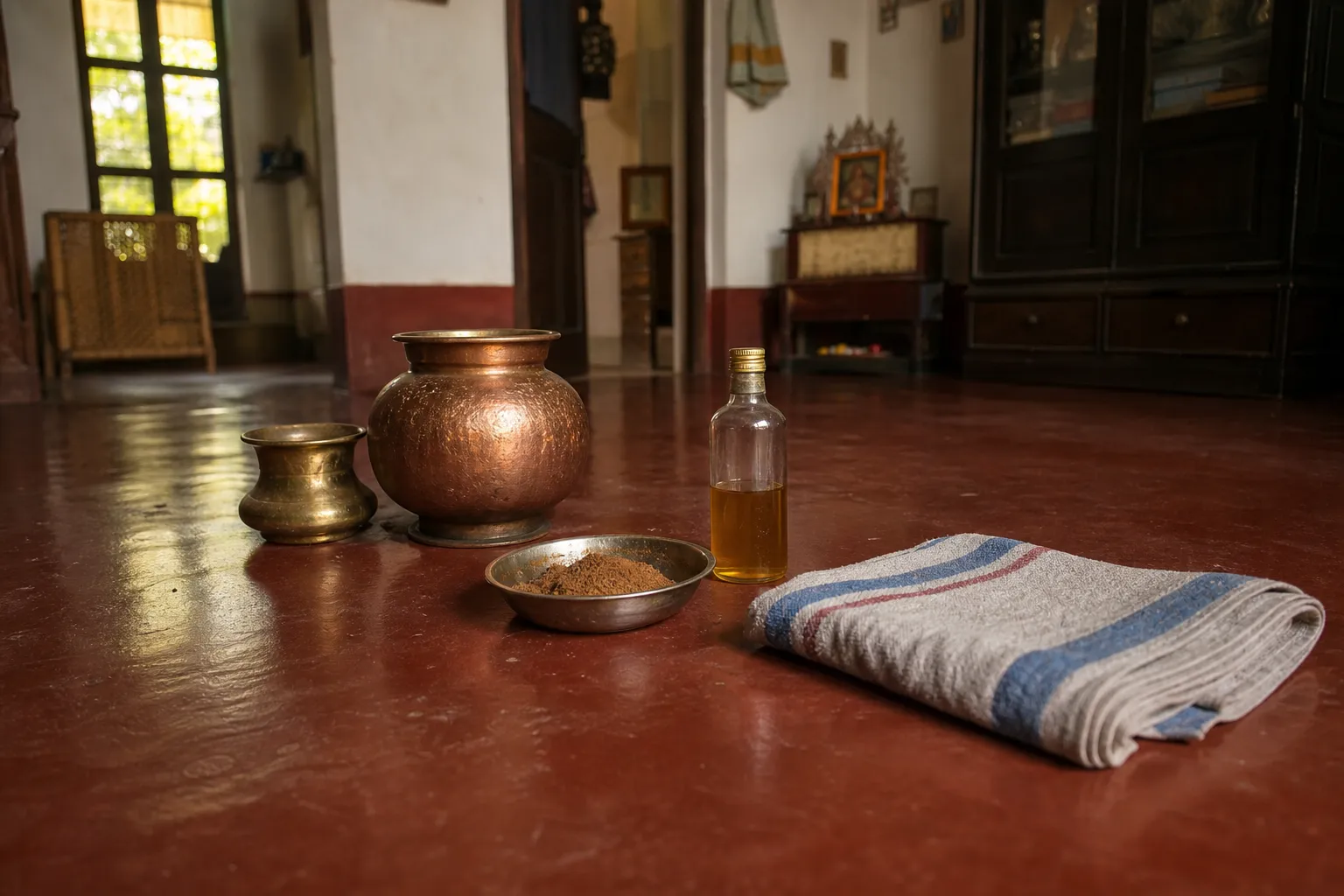 Copper water vessel, a bowl of seegekai powder, a bottle of oil and a folded towel on the red oxide floor of a Karnataka home