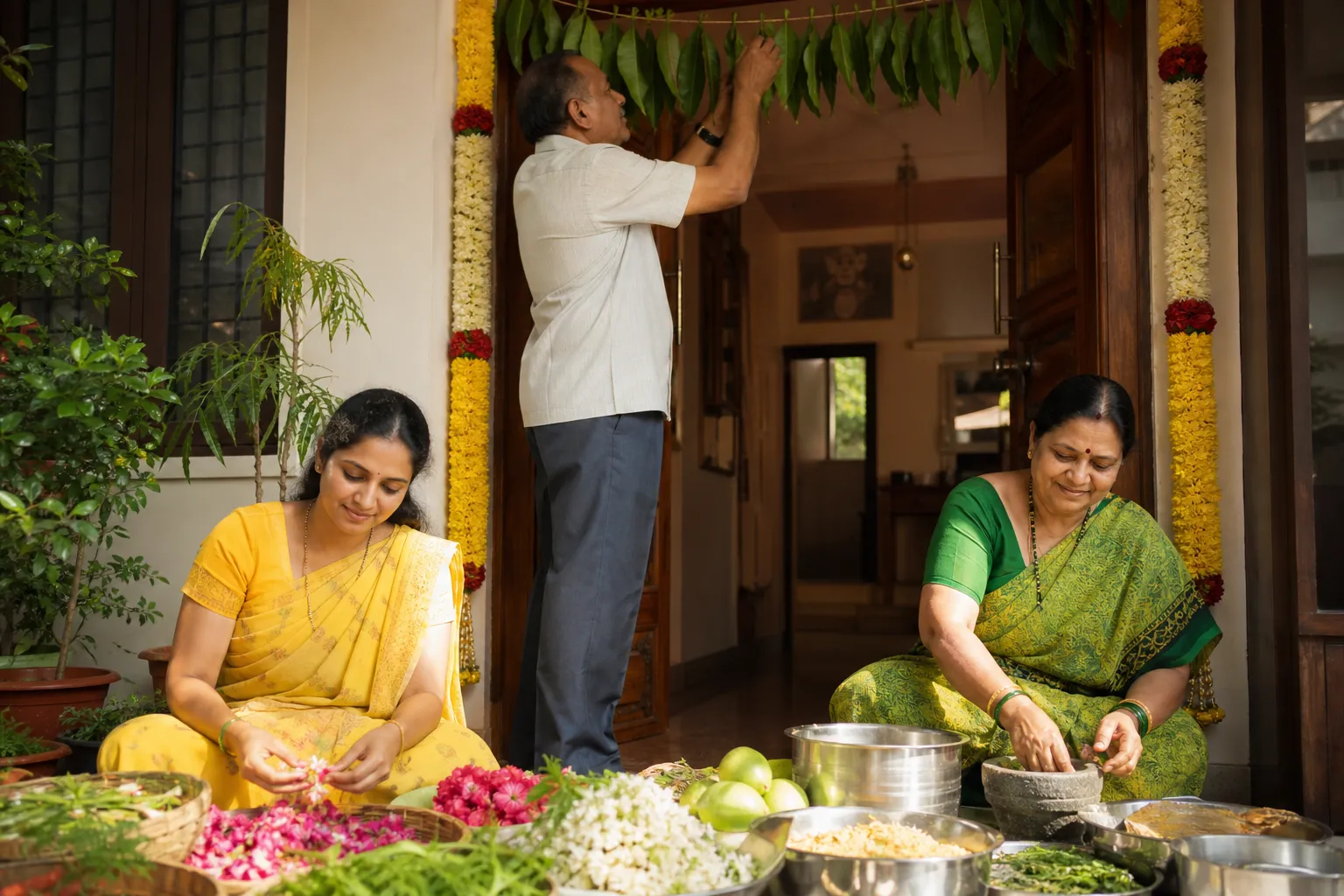 An Ugadi festival table with neem flowers and jaggery