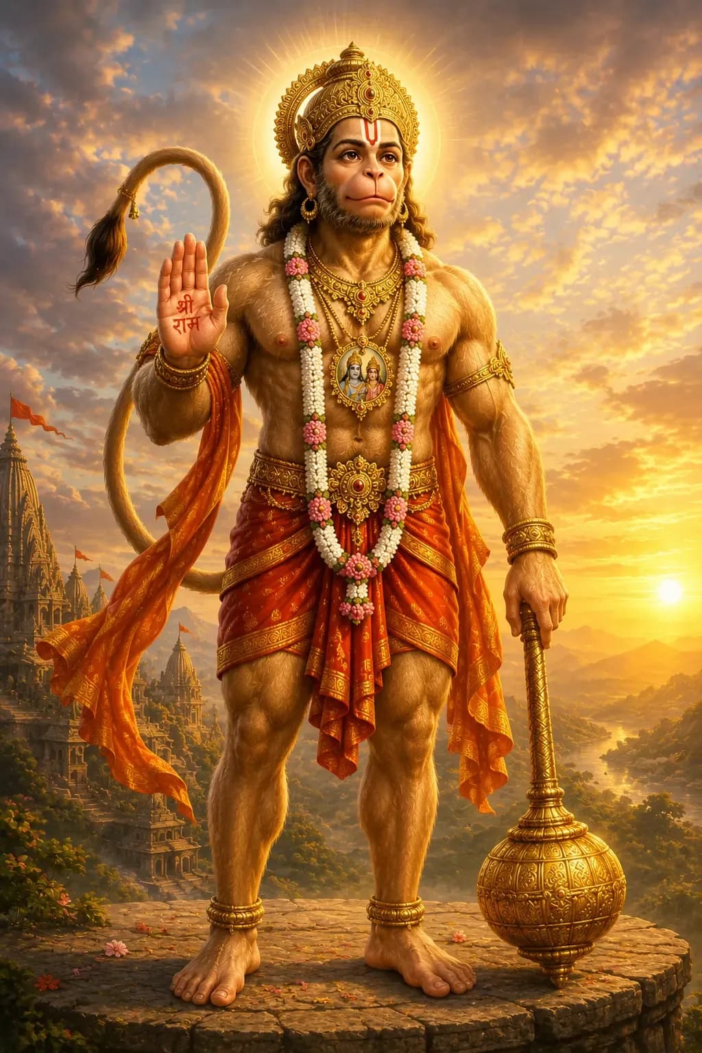 Hanuman standing with his palm raised in abhaya mudra, his gada resting on the ground beside him