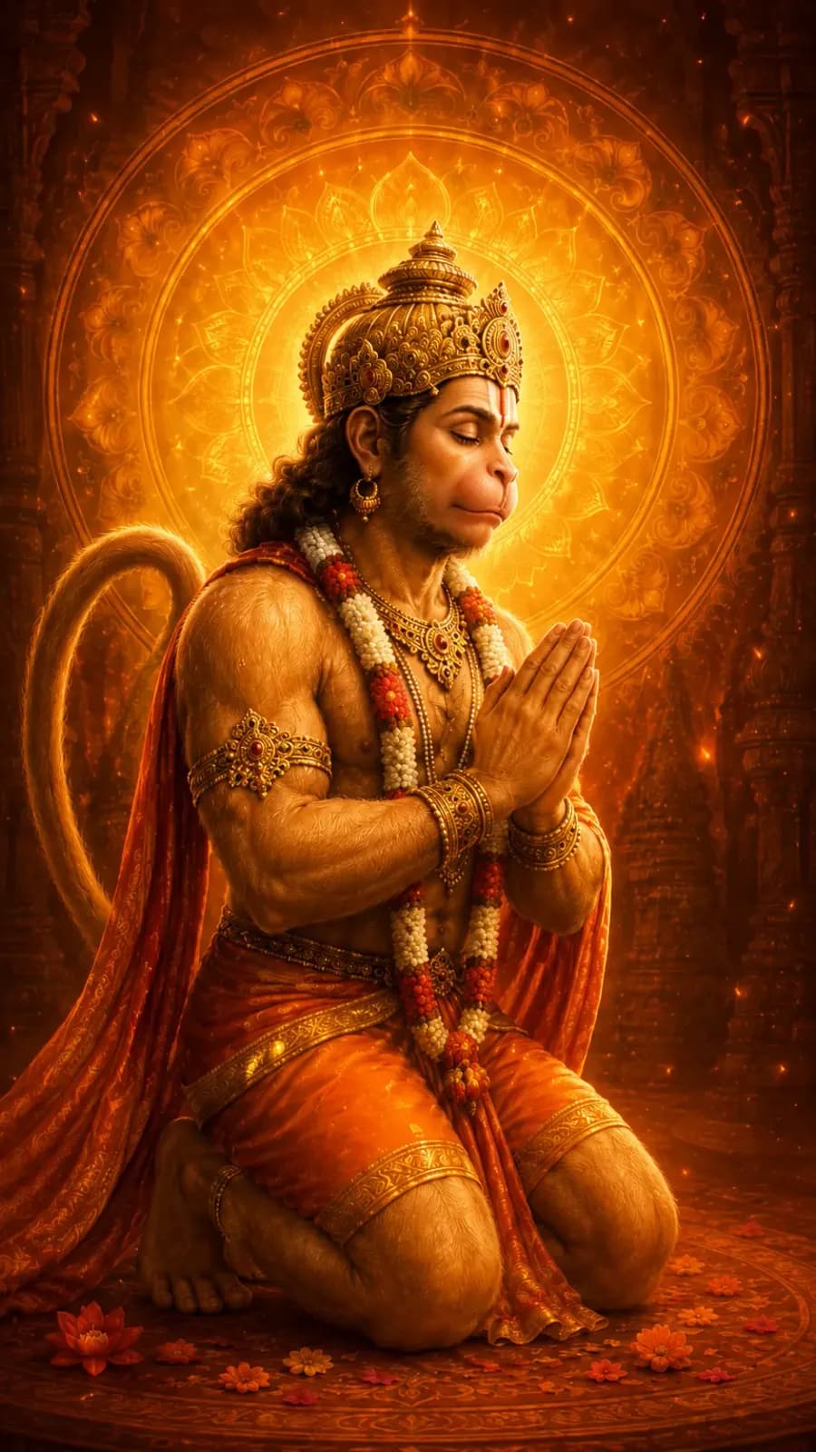 Hanuman kneeling with folded hands against a radiant golden halo