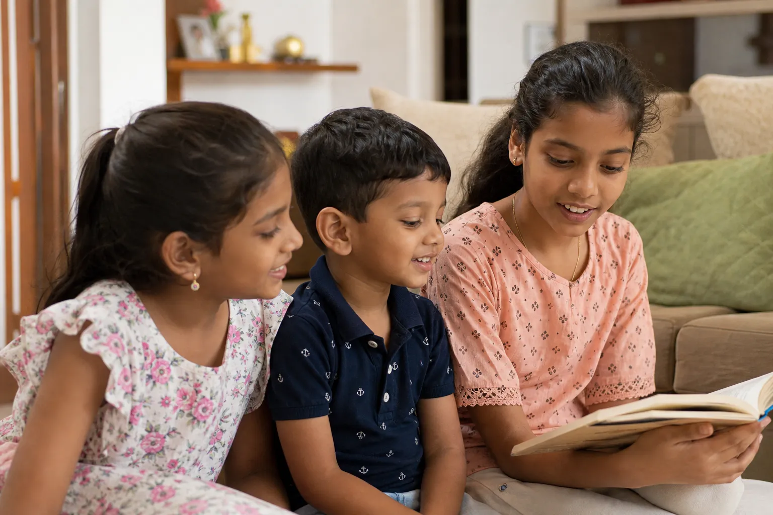 A parent reading a Kannada storybook with children
