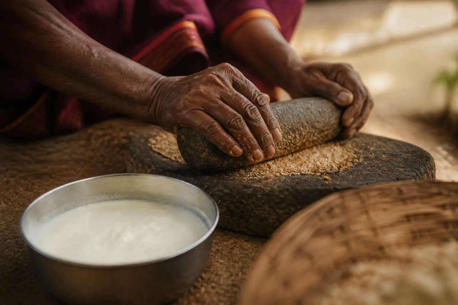 Hands working a stone grinder beside a steel bowl of fresh curd