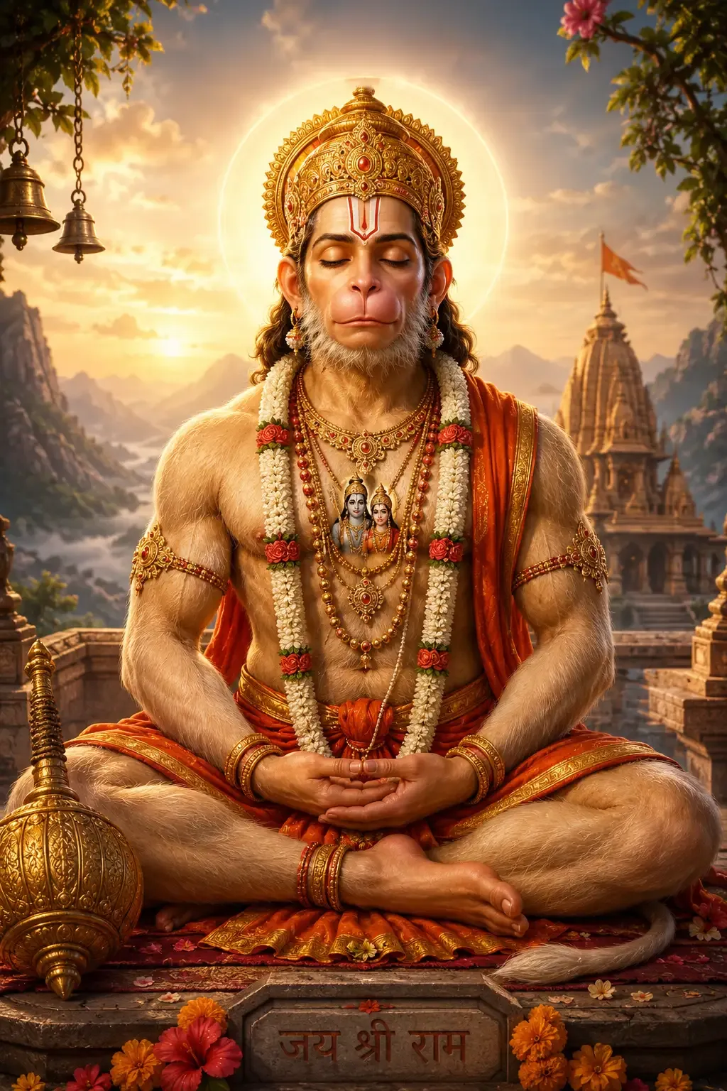 Hanuman seated in meditation with his gada beside him, a temple and mountains behind him at sunrise