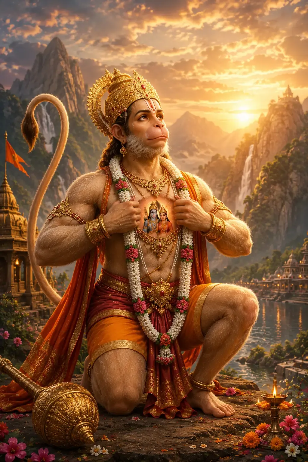 Hanuman kneeling and parting his chest to reveal Rama and Sita within, mountains and a waterfall behind him