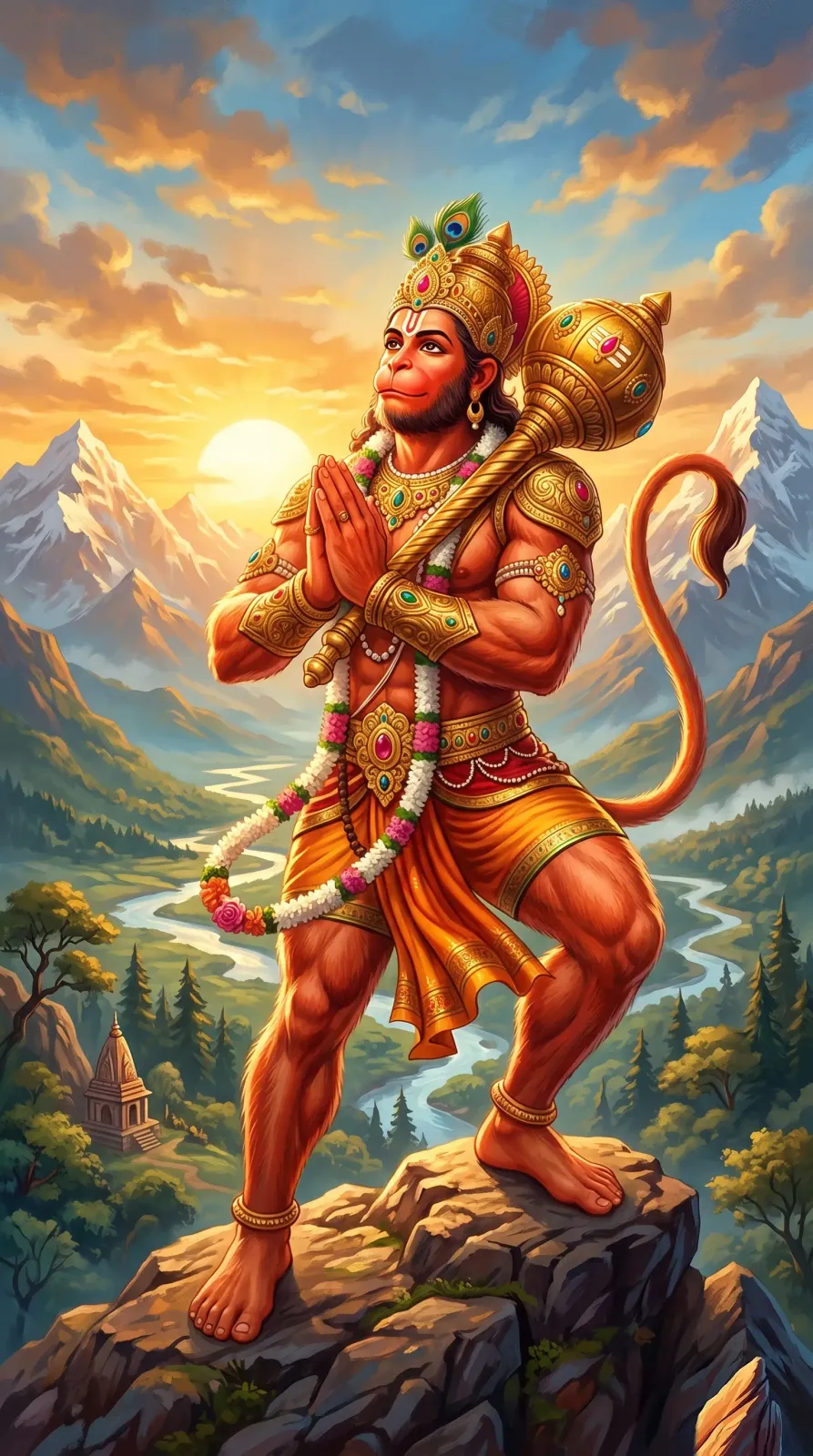 Hanuman standing on a rock with folded hands and his gada over one shoulder, snow peaks and a river valley beyond