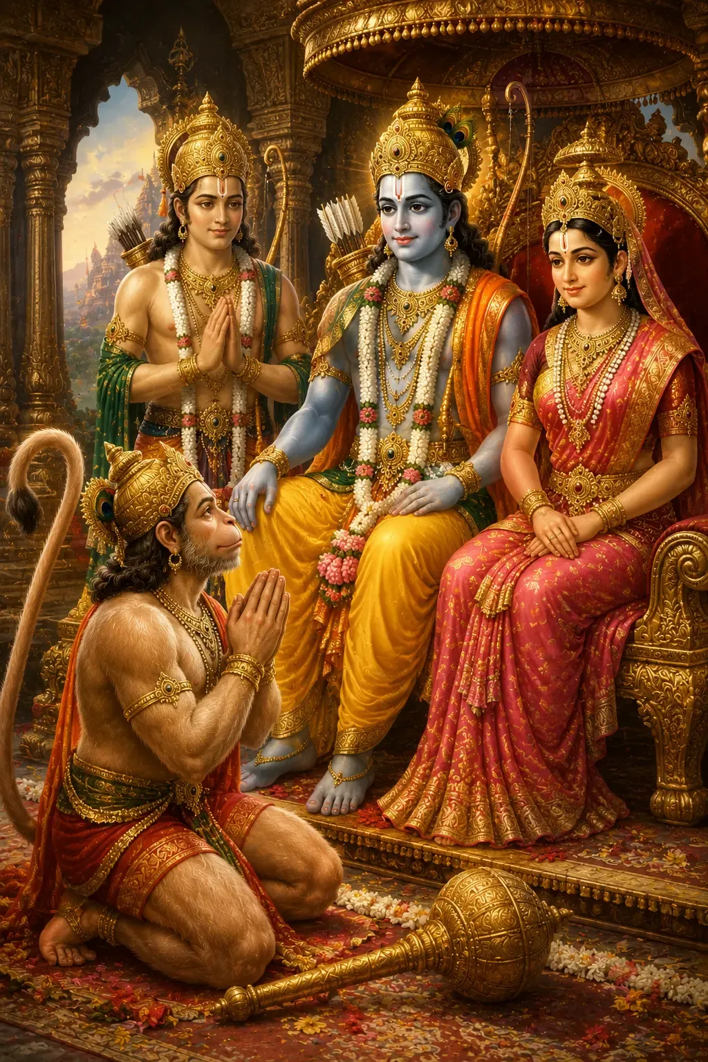 Hanuman kneeling in devotion before Rama, Sita and Lakshmana seated together in a temple hall
