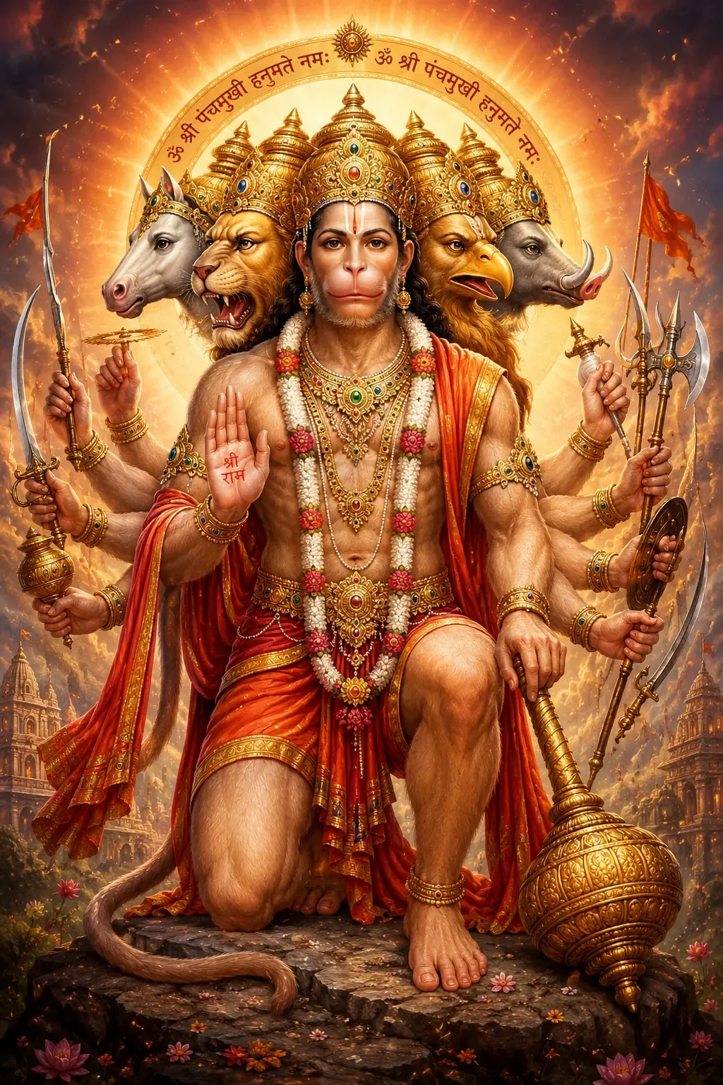 The five-faced Panchamukhi form of Hanuman seated and holding weapons, with a Sanskrit invocation above
