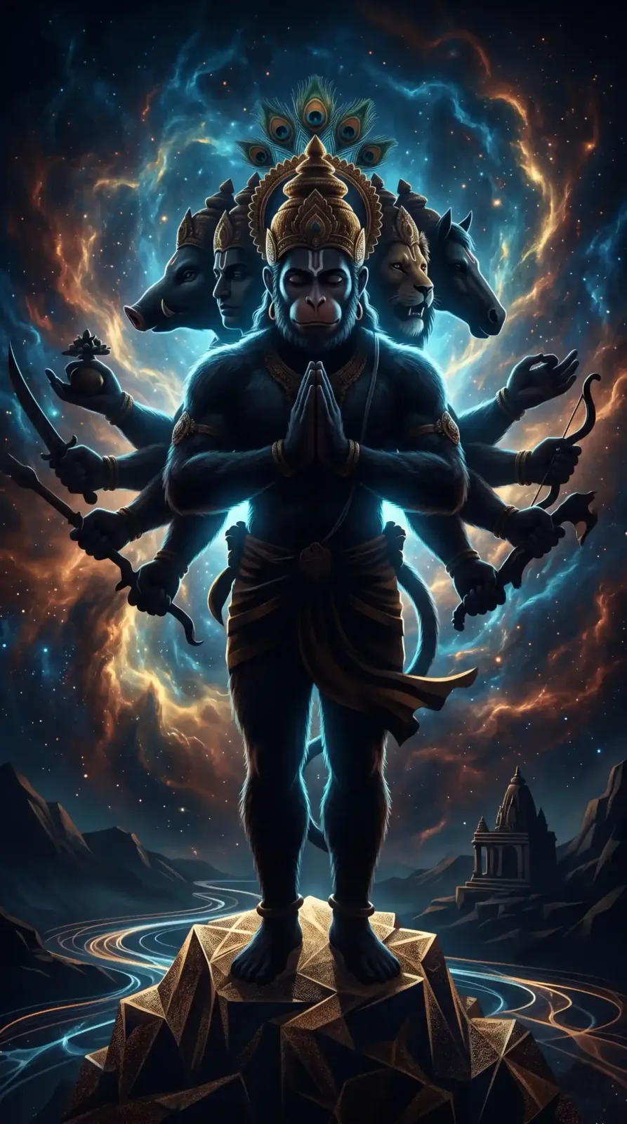 The five-faced Hanuman silhouetted with folded hands against a deep blue cosmic sky