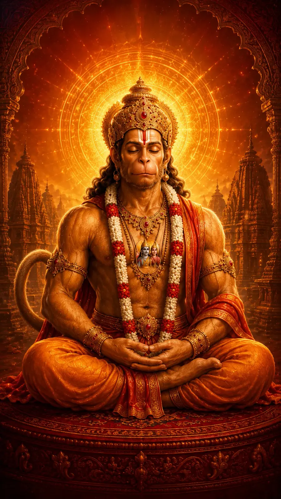 Hanuman seated in meditation before a glowing mandala, temple spires in warm orange haze behind