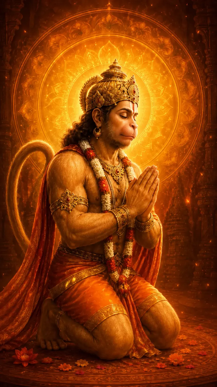 Hanuman kneeling with folded hands against a radiant golden halo